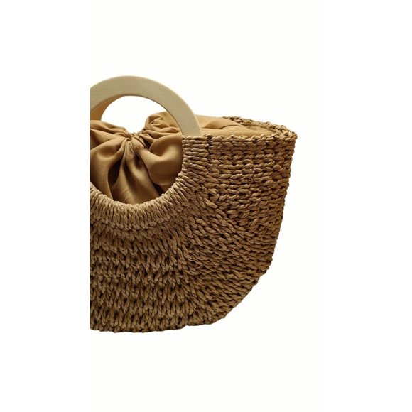 Wicker Woven Straw Handbag  Beach Bag Wood Handles - Picture 5 of 8